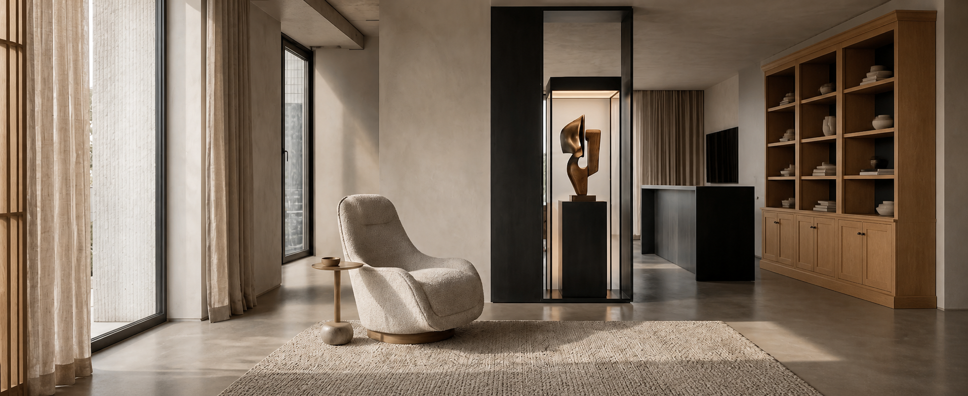 High-End Interior Visualisierung mit integriertem Eichenregal nach CGI Staging