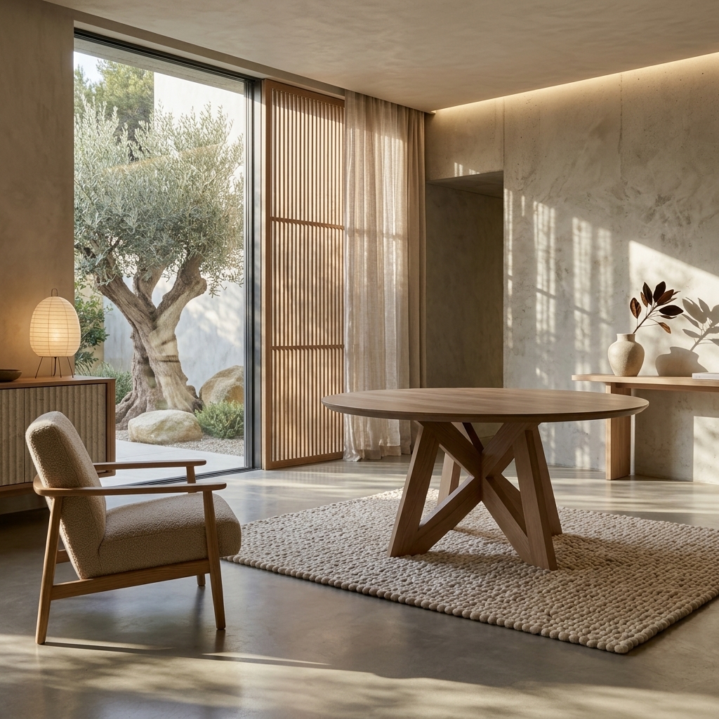 Interior Staging mit rundem Holztisch und mediterraner Architektur